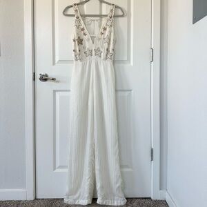 Adelyn Rae Cream Jumpsuit with Gold & Silver Sequin Embroidered Stars NWT